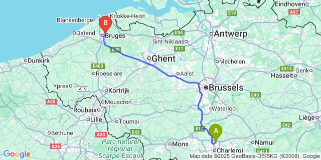 Map: Charleroi Airport Brussels South (CRL) to Sint-Kruis