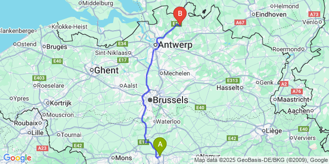 Map: Charleroi Airport Brussels South (CRL) to Sint-Lenaarts