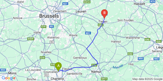 Map: Charleroi Airport Brussels South (CRL) to Sint-Margriete (Tienen)