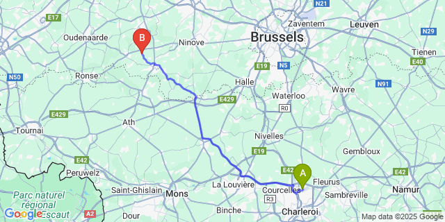 Map: Charleroi Airport Brussels South (CRL) to Sint-Martens-Lierde