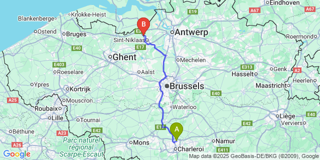 Map: Charleroi Airport Brussels South (CRL) to Sint-Pauwels