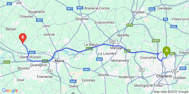 Map: Charleroi Airport Brussels South (CRL) to Sirault