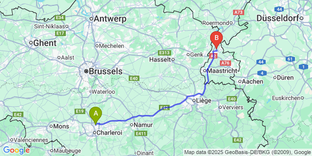 Map: Charleroi Airport Brussels South (CRL) to Sittard-Geleen