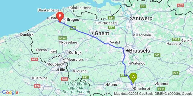 Map: Charleroi Airport Brussels South (CRL) to Snellegem