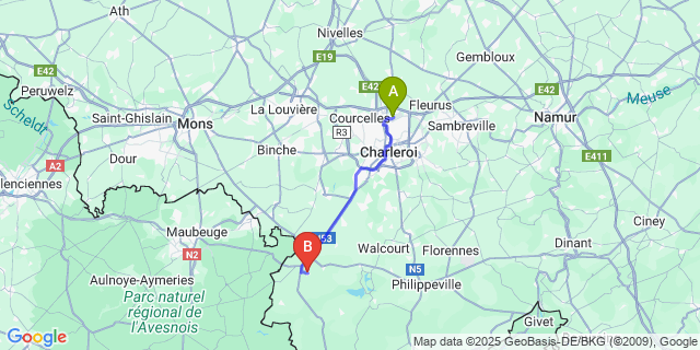 Map: Charleroi Airport Brussels South (CRL) to Solre-Saint-Géry