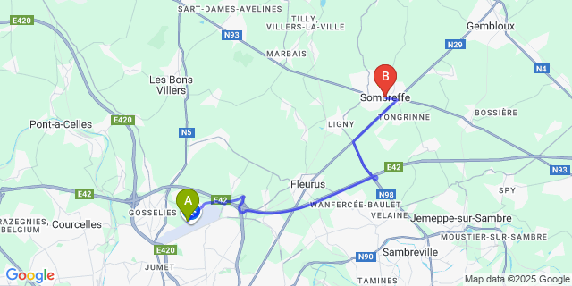 Map: Charleroi Airport Brussels South (CRL) to Sombreffe