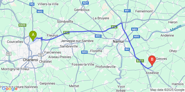 Map: Charleroi Airport Brussels South (CRL) to Sorinne-La-Longue