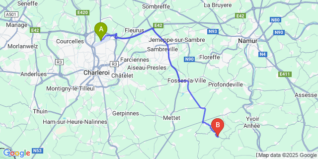 Map: Charleroi Airport Brussels South (CRL) to Sosoye