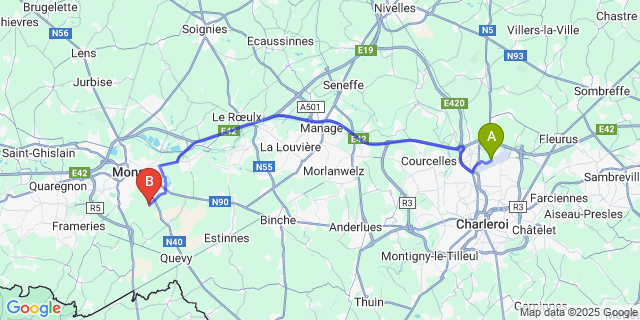 Map: Charleroi Airport Brussels South (CRL) to Spiennes