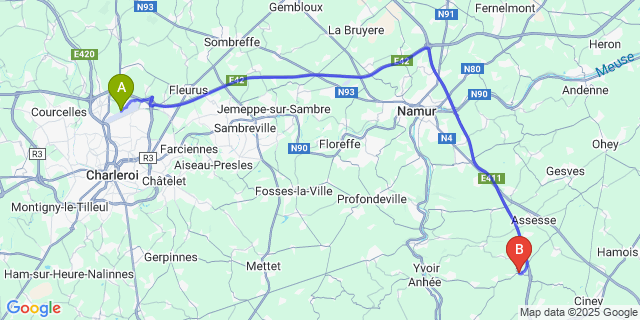 Map: Charleroi Airport Brussels South (CRL) to Spontin