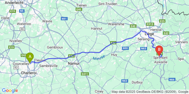Map: Charleroi Airport Brussels South (CRL) to Sprimont