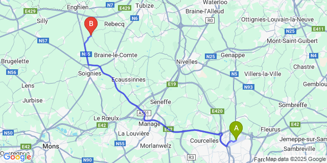 Map: Charleroi Airport Brussels South (CRL) to Steenkerque