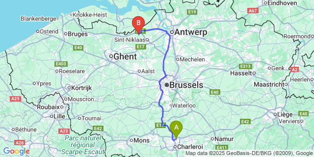 Map: Charleroi Airport Brussels South (CRL) to Stekene