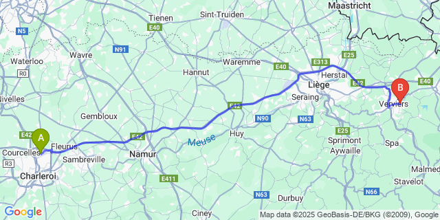 Map: Charleroi Airport Brussels South (CRL) to Stembert