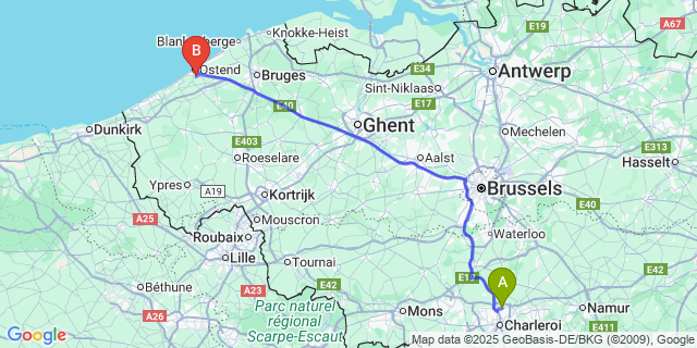 Map: Charleroi Airport Brussels South (CRL) to Stene