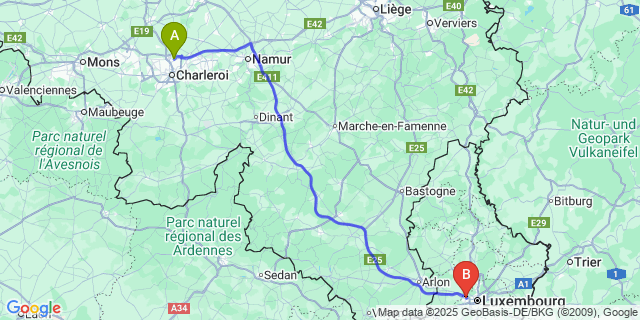 Map: Charleroi Airport Brussels South (CRL) to Strassen