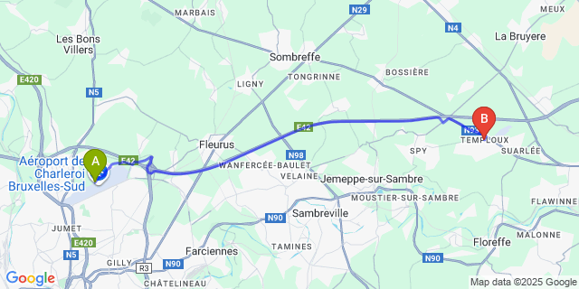 Map: Charleroi Airport Brussels South (CRL) to Temploux