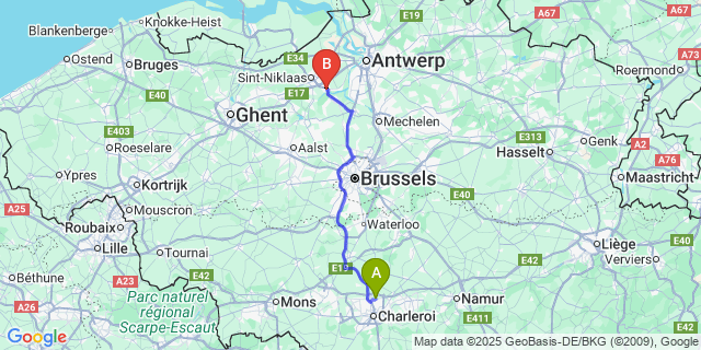 Map: Charleroi Airport Brussels South (CRL) to Temse