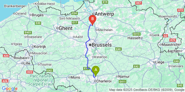Map: Charleroi Airport Brussels South (CRL) to Terhagen