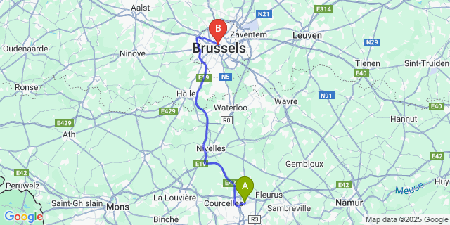 Map: Charleroi Airport Brussels South (CRL) to The Legacy by 2go4 City Center, Brussels
