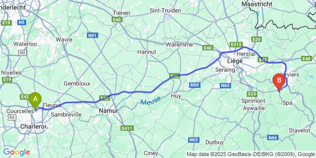 Map: Charleroi Airport Brussels South (CRL) to Theux