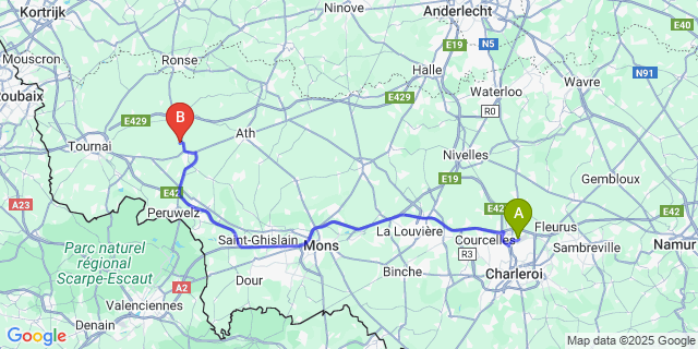 Map: Charleroi Airport Brussels South (CRL) to Thieulain