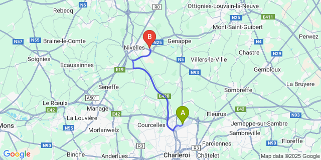 Map: Charleroi Airport Brussels South (CRL) to Thines