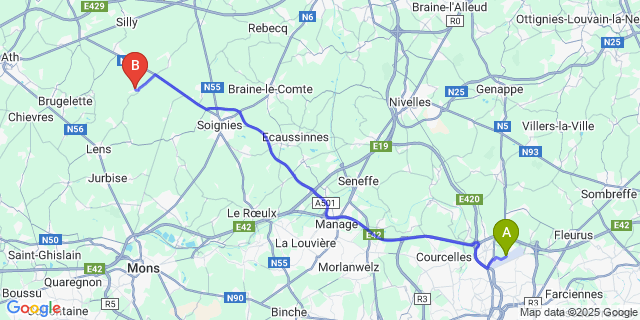 Map: Charleroi Airport Brussels South (CRL) to Thoricourt