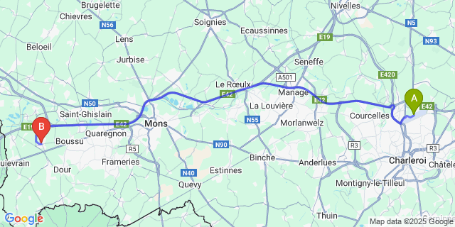 Map: Charleroi Airport Brussels South (CRL) to Thulin