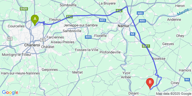 Map: Charleroi Airport Brussels South (CRL) to Thynes