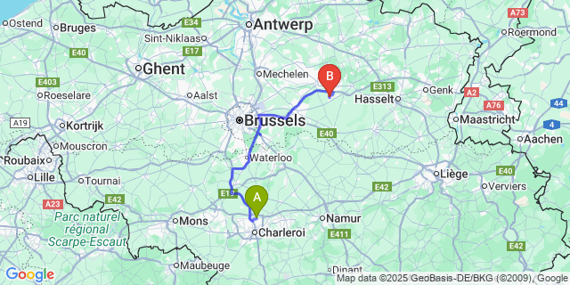 Map: Charleroi Airport Brussels South (CRL) to Tielt-Winge