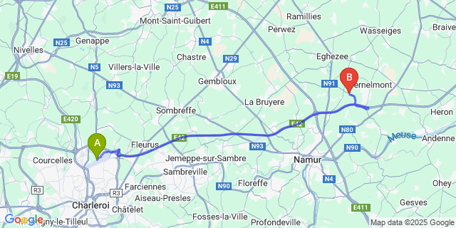 Map: Charleroi Airport Brussels South (CRL) to Tillier