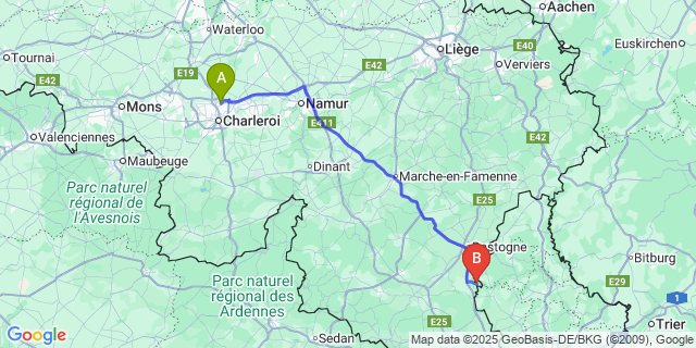 Map: Charleroi Airport Brussels South (CRL) to Tintange