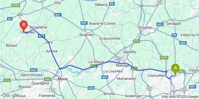 Map: Charleroi Airport Brussels South (CRL) to Tongre-Saint-Martin