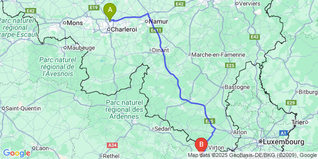 Map: Charleroi Airport Brussels South (CRL) to Torgny