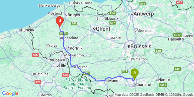 Map: Charleroi Airport Brussels South (CRL) to Torhout