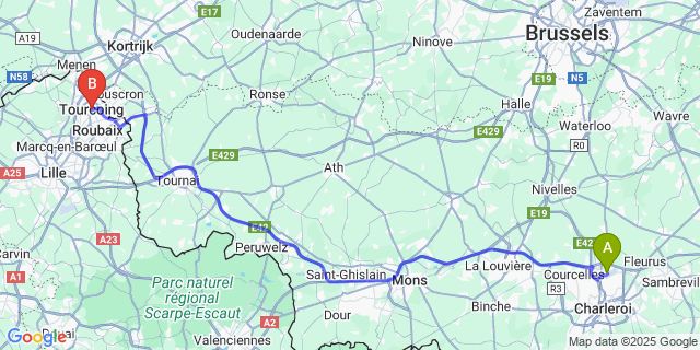 Map: Charleroi Airport Brussels South (CRL) to Tourcoing