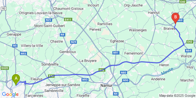 Map: Charleroi Airport Brussels South (CRL) to Tourinne (-La-Chaussée)