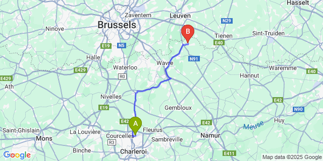 Map: Charleroi Airport Brussels South (CRL) to Tourinnes-la-Grosse