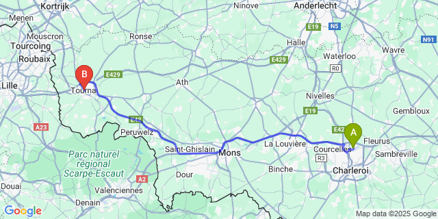 Map: Charleroi Airport Brussels South (CRL) to Tournay
