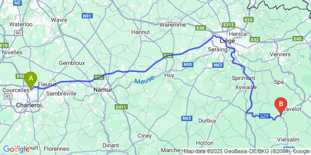 Map: Charleroi Airport Brussels South (CRL) to Trois-Ponts