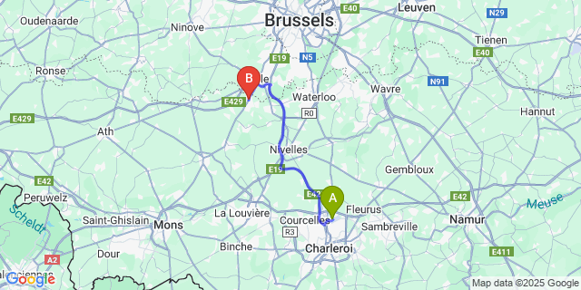 Map: Charleroi Airport Brussels South (CRL) to Tubize