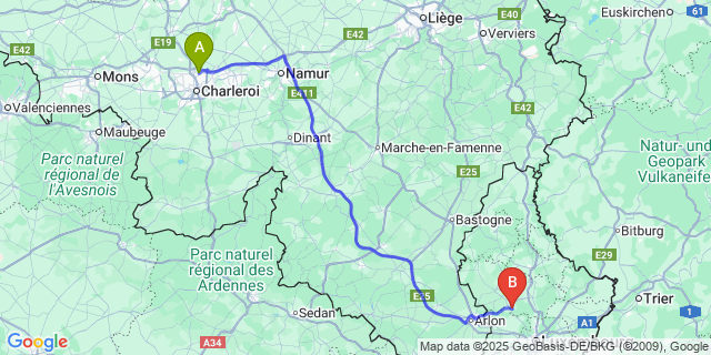 Map: Charleroi Airport Brussels South (CRL) to Tuntange