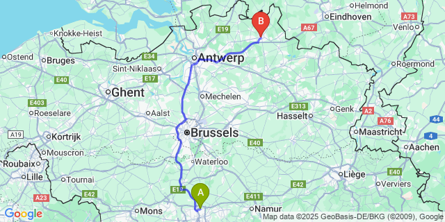 Map: Charleroi Airport Brussels South (CRL) to Turnhout