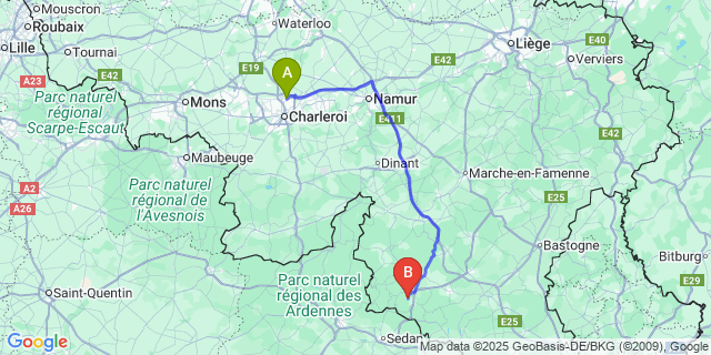 Map: Charleroi Airport Brussels South (CRL) to Ucimont