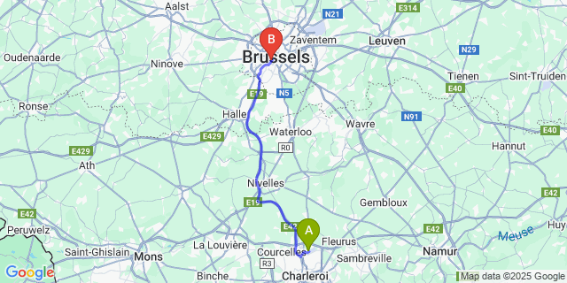 Map: Charleroi Airport Brussels South (CRL) to Urban Centre‏ City Hostel, Brussels