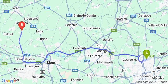 Map: Charleroi Airport Brussels South (CRL) to Vaudignies