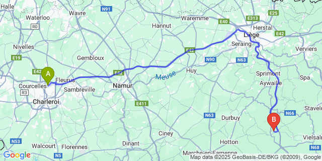 Map: Charleroi Airport Brussels South (CRL) to Vaux-Chavanne
