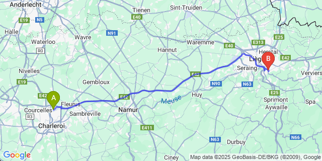 Map: Charleroi Airport Brussels South (CRL) to Vaux-Sous-Chevremont