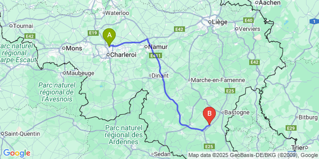 Map: Charleroi Airport Brussels South (CRL) to Vaux-Sur-Sere